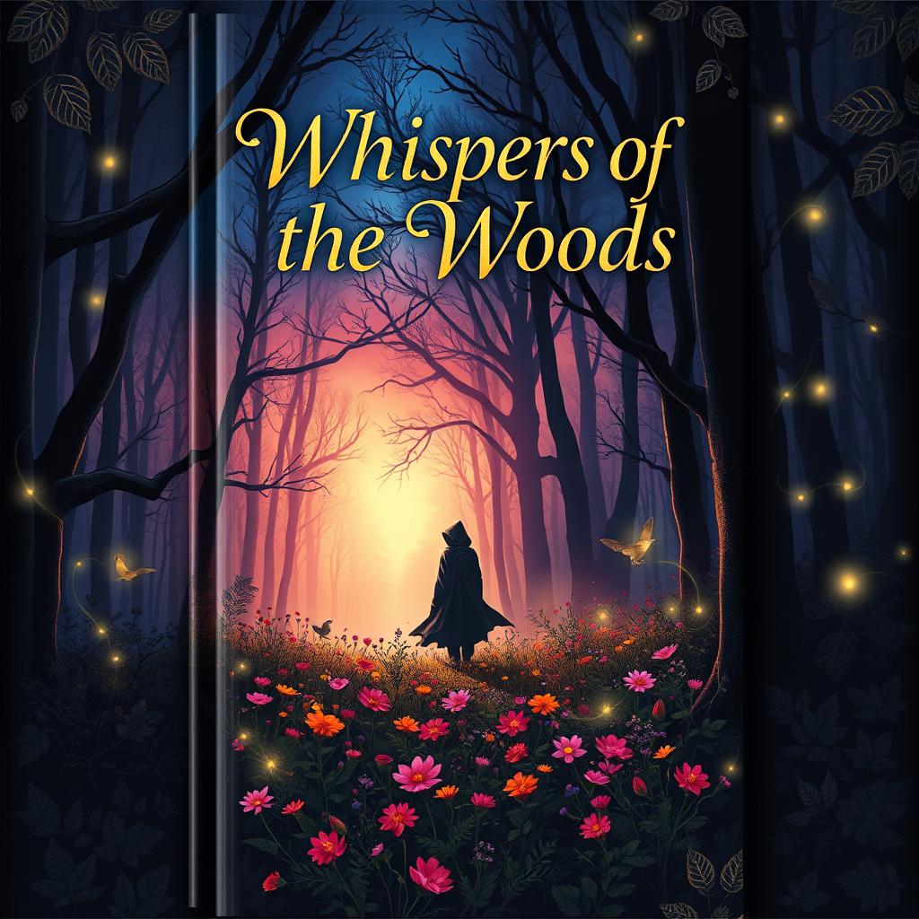 A stunning book cover design featuring a mysterious forest at twilight, with ethereal light shining through the trees