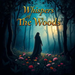 A stunning book cover design featuring a mysterious forest at twilight, with ethereal light shining through the trees
