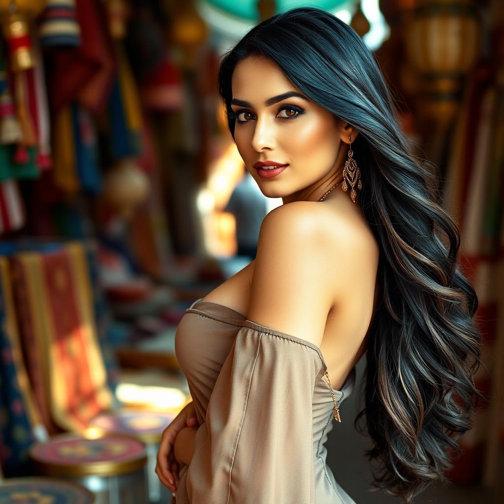 A beautiful Arab woman with an alluring figure, showcasing curves tastefully