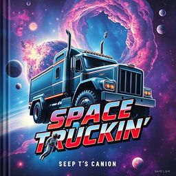 A captivating book cover design for 'Space Truckin'', featuring a futuristic space truck navigating through a colorful nebula filled with stars and planets