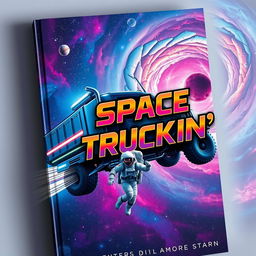 A captivating book cover design for 'Space Truckin'', featuring a futuristic space truck navigating through a colorful nebula filled with stars and planets