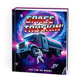 A captivating book cover design for 'Space Truckin'', featuring a futuristic space truck navigating through a colorful nebula filled with stars and planets