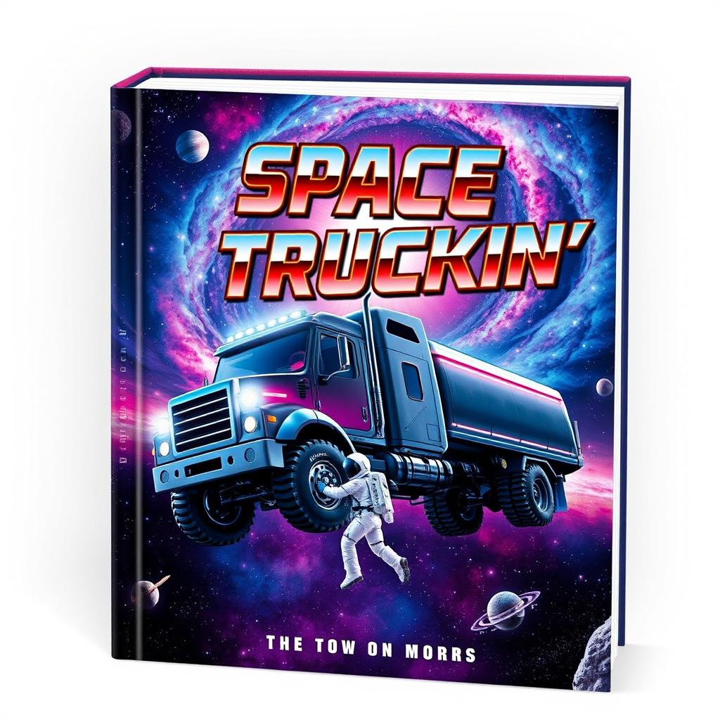 A captivating book cover design for 'Space Truckin'', featuring a futuristic space truck navigating through a colorful nebula filled with stars and planets