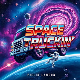A captivating book cover design for 'Space Truckin'', featuring a futuristic space truck navigating through a colorful nebula filled with stars and planets