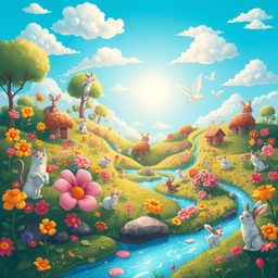 A whimsical and vibrant fantasy world called 'Pussyland', featuring a lush landscape filled with oversized, colorful flowers and playful animals