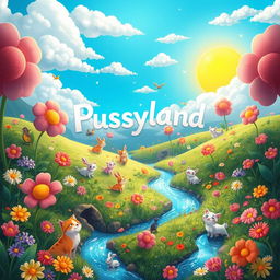 A whimsical and vibrant fantasy world called 'Pussyland', featuring a lush landscape filled with oversized, colorful flowers and playful animals