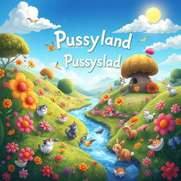 A whimsical and vibrant fantasy world called 'Pussyland', featuring a lush landscape filled with oversized, colorful flowers and playful animals