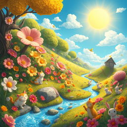 A whimsical and vibrant fantasy world called 'Pussyland', featuring a lush landscape filled with oversized, colorful flowers and playful animals
