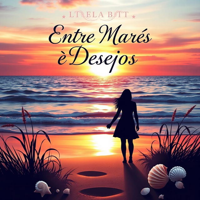 An enchanting book cover for 'Entre Marés e Desejos', featuring a serene ocean at sunset