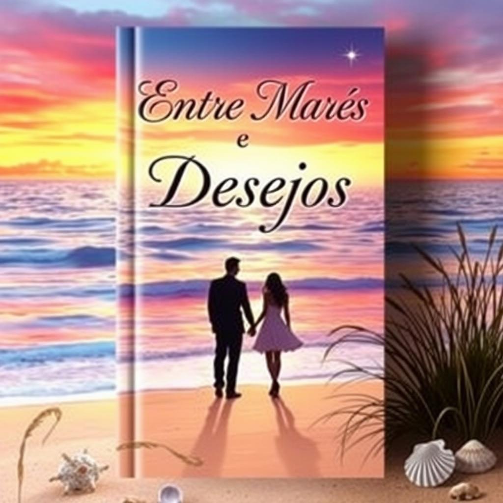 An enchanting book cover for 'Entre Marés e Desejos', featuring a serene ocean at sunset