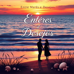 An enchanting book cover for 'Entre Marés e Desejos', featuring a serene ocean at sunset