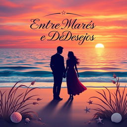 An enchanting book cover for 'Entre Marés e Desejos', featuring a serene ocean at sunset