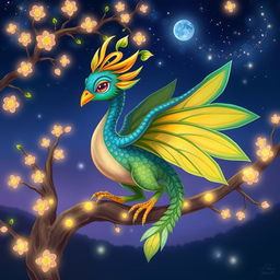 A whimsical and colorful illustration of a fantastical creature called a 'kourd', resembling a blend of a dragon and a bird