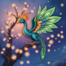 A whimsical and colorful illustration of a fantastical creature called a 'kourd', resembling a blend of a dragon and a bird