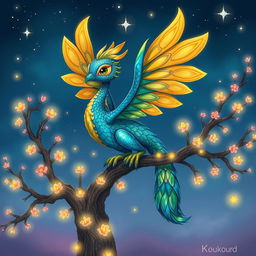 A whimsical and colorful illustration of a fantastical creature called a 'kourd', resembling a blend of a dragon and a bird