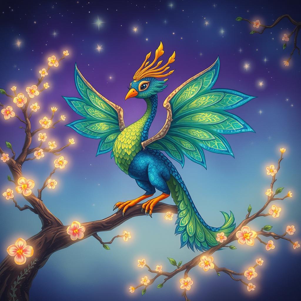 A whimsical and colorful illustration of a fantastical creature called a 'kourd', resembling a blend of a dragon and a bird