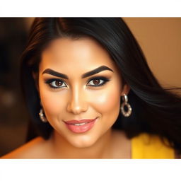 A beautiful portrait of a person with striking black hair and bold black eyebrows, their facial expression is confident and inviting