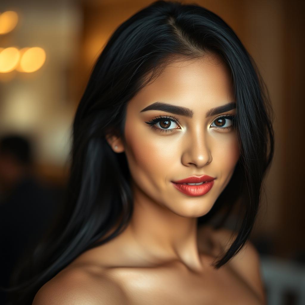 A beautiful portrait of a person with striking black hair and bold black eyebrows, their facial expression is confident and inviting
