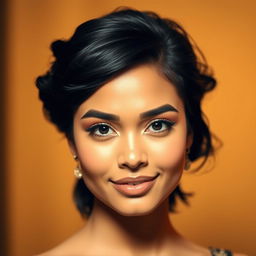 A beautiful portrait of a person with striking black hair and bold black eyebrows, their facial expression is confident and inviting