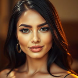 A beautiful portrait of a person with striking black hair and bold black eyebrows, their facial expression is confident and inviting