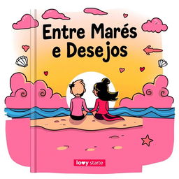 A modern cartoon-style book cover for 'Entre Marés e Desejos'