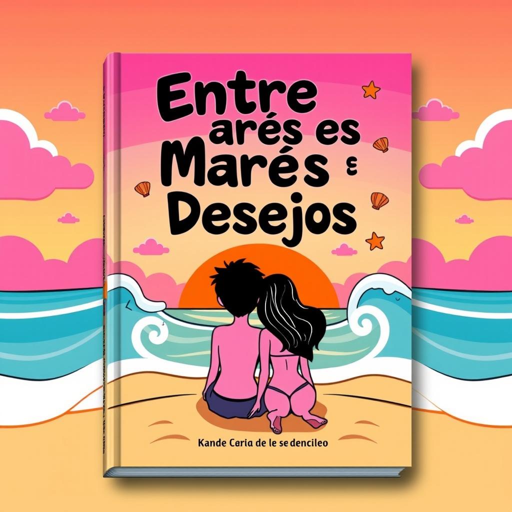 A modern cartoon-style book cover for 'Entre Marés e Desejos'