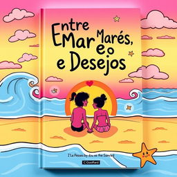 A modern cartoon-style book cover for 'Entre Marés e Desejos'