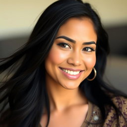 A portrait of a woman with long, flowing black hair and prominent black eyebrows