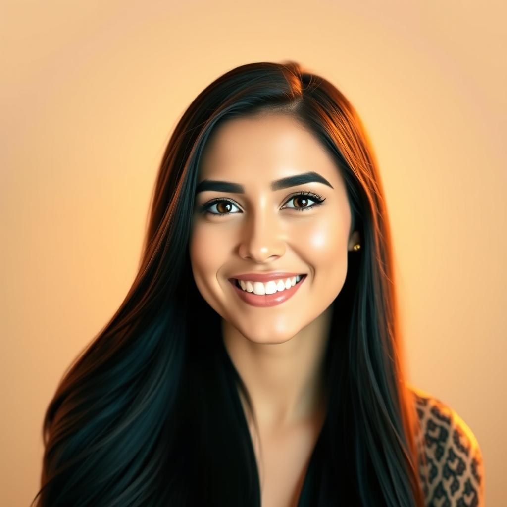A portrait of a woman with long, flowing black hair and prominent black eyebrows