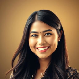 A portrait of a woman with long, flowing black hair and prominent black eyebrows