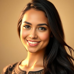 A portrait of a woman with long, flowing black hair and prominent black eyebrows