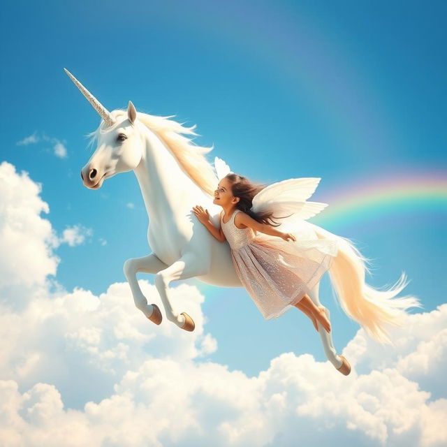 A magical scene featuring a unicorn soaring through the sky alongside a 5-year-old girl named Sania, who has beautiful angel wings