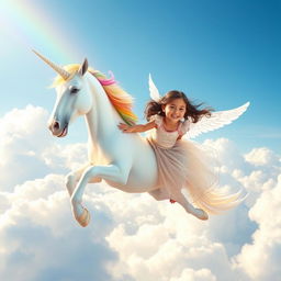 A magical scene featuring a unicorn soaring through the sky alongside a 5-year-old girl named Sania, who has beautiful angel wings