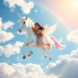 A magical scene featuring a unicorn soaring through the sky alongside a 5-year-old girl named Sania, who has beautiful angel wings