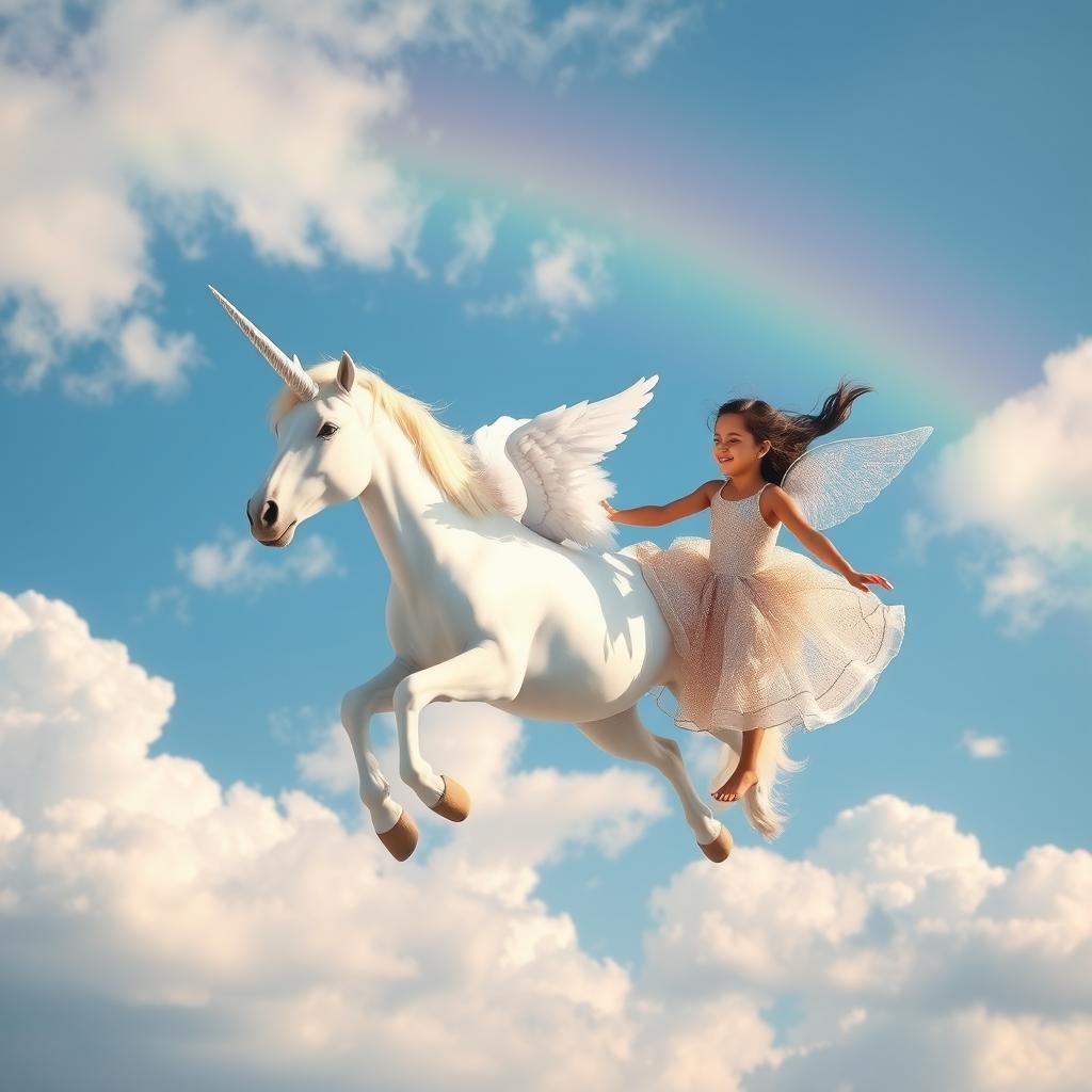 A magical scene featuring a unicorn soaring through the sky alongside a 5-year-old girl named Sania, who has beautiful angel wings