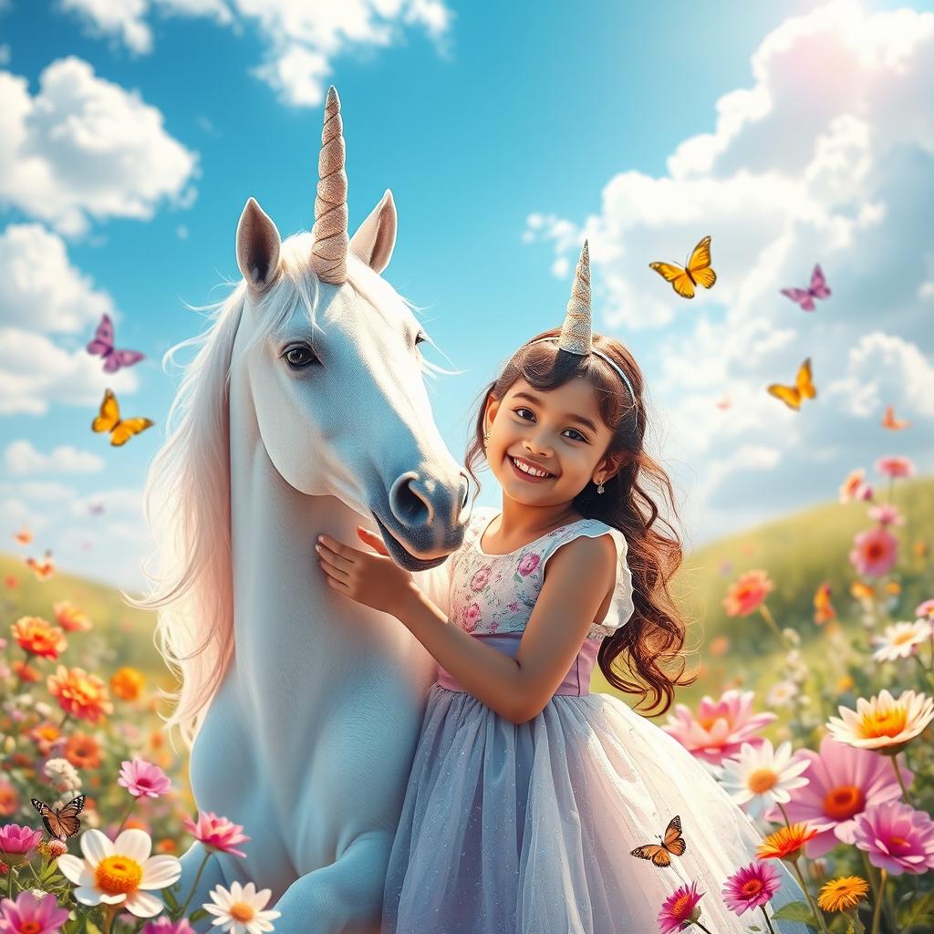 A whimsical scene featuring a unicorn and a 5-year-old girl named Sania, who has a unicorn horn on her forehead just like the unicorn
