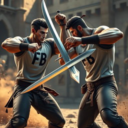 A dynamic 3D scene depicting two muscular guys engaged in an intense sword fight