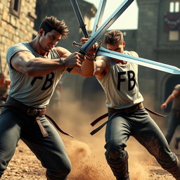A dynamic 3D scene depicting two muscular guys engaged in an intense sword fight