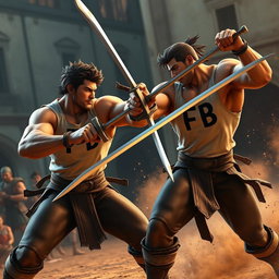 A dynamic 3D scene depicting two muscular guys engaged in an intense sword fight