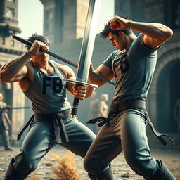 A dynamic 3D scene depicting two muscular guys engaged in an intense sword fight