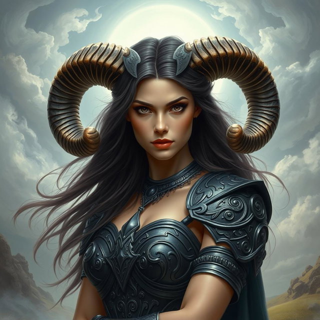 A realistic portrayal of an Aries goddess, embodying strength and determination, with striking features and an intense gaze