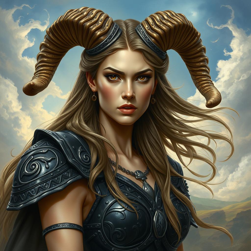 A realistic portrayal of an Aries goddess, embodying strength and determination, with striking features and an intense gaze