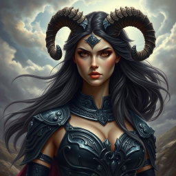 A realistic portrayal of an Aries goddess, embodying strength and determination, with striking features and an intense gaze
