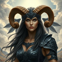 A realistic portrayal of an Aries goddess, embodying strength and determination, with striking features and an intense gaze