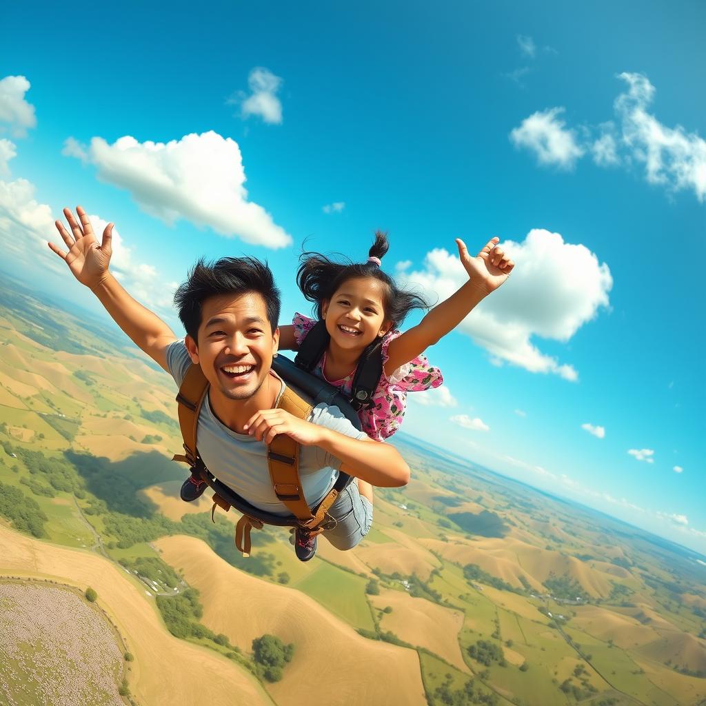 A heartwarming scene featuring a 5-year-old girl named Sania joyfully flying through the sky alongside her father