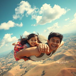 A heartwarming scene featuring a 5-year-old girl named Sania joyfully flying through the sky alongside her father