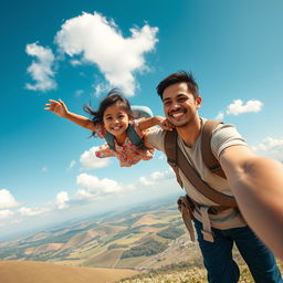 A heartwarming scene featuring a 5-year-old girl named Sania joyfully flying through the sky alongside her father