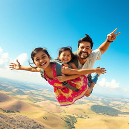 A heartwarming scene featuring a 5-year-old girl named Sania joyfully flying through the sky alongside her father