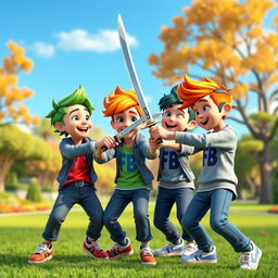 A vibrant 3D animated scene depicting a group of four boys engaging in a playful sword fight