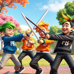 A vibrant 3D animated scene depicting a group of four boys engaging in a playful sword fight